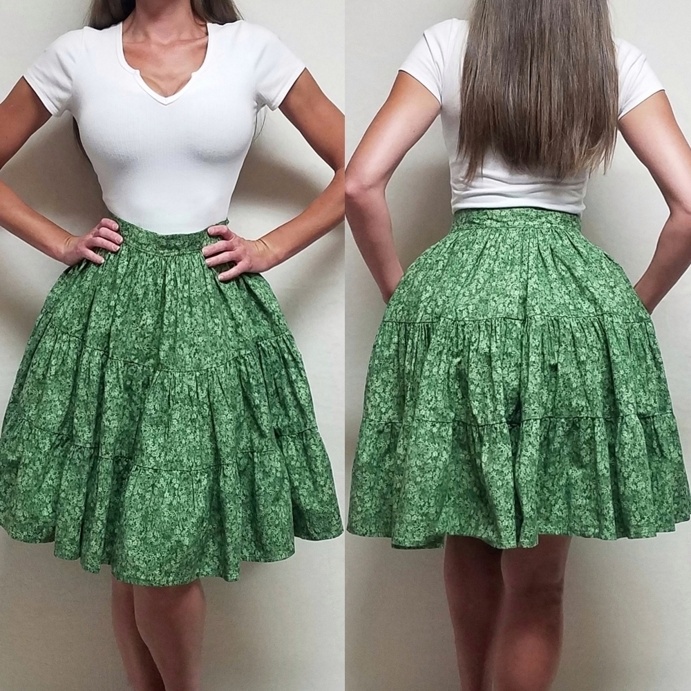 70s Vintage Handmade Green Clover Coquette Cottagecore Twirl Skirt Peasant Skirt